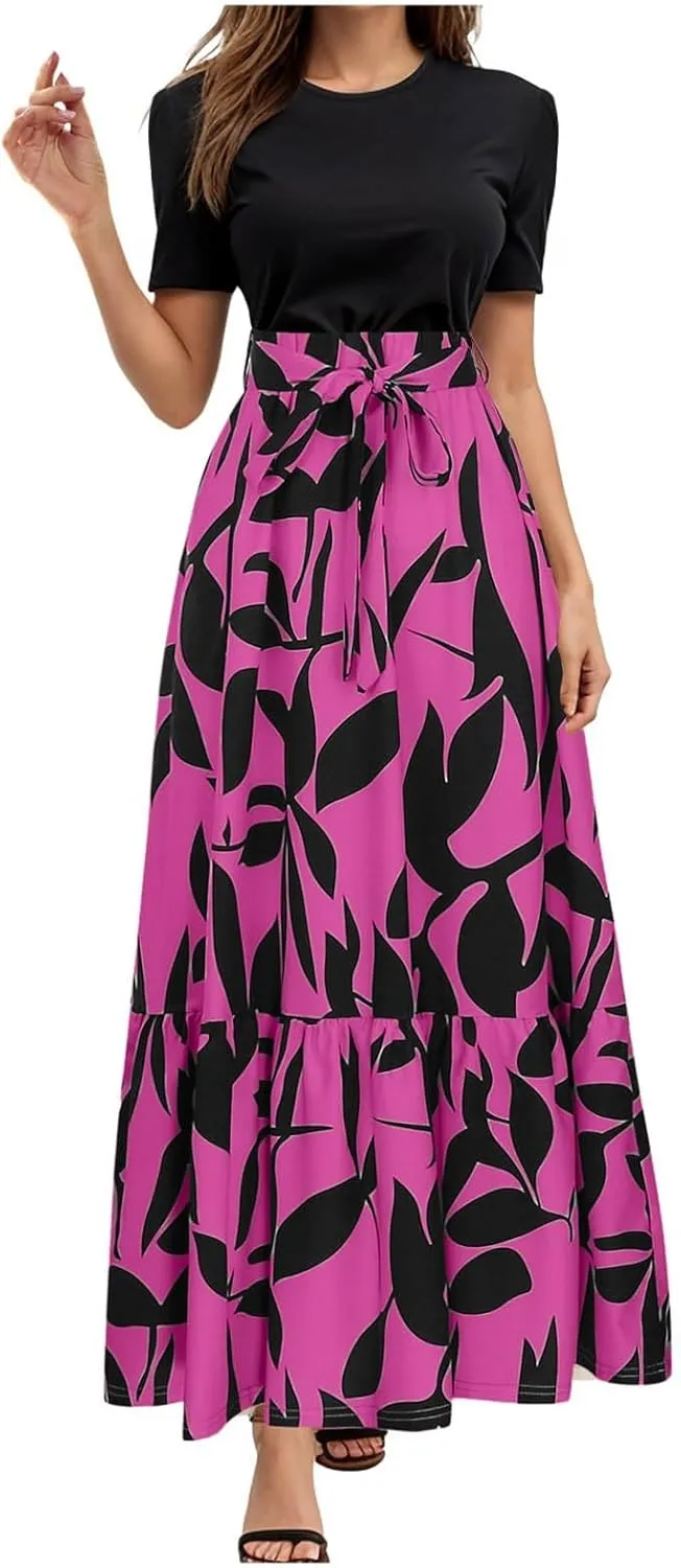 Women's Boho Leopard Print Skirt Pleated A-Line Swing Midi Skirts Flowy Flared Ruffle Summer Long Skirt
