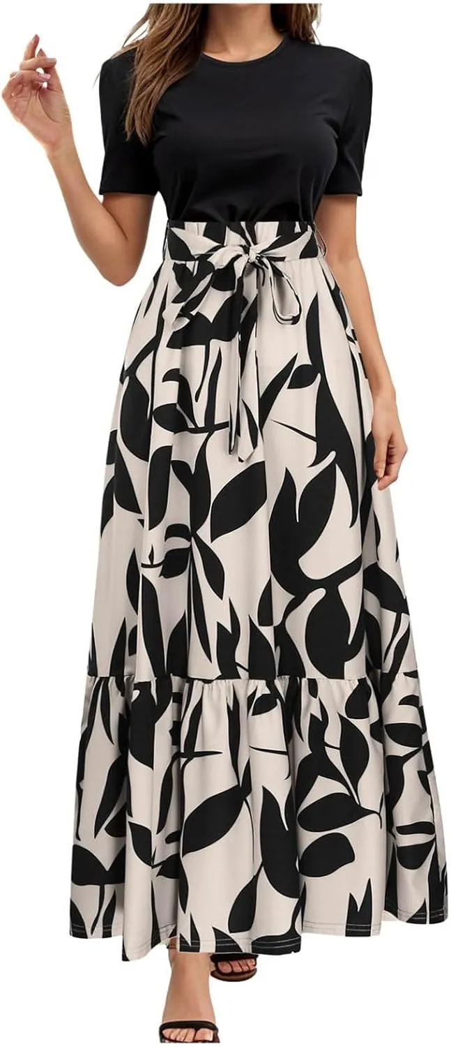 Women's Boho Leopard Print Skirt Pleated A-Line Swing Midi Skirts Flowy Flared Ruffle Summer Long Skirt