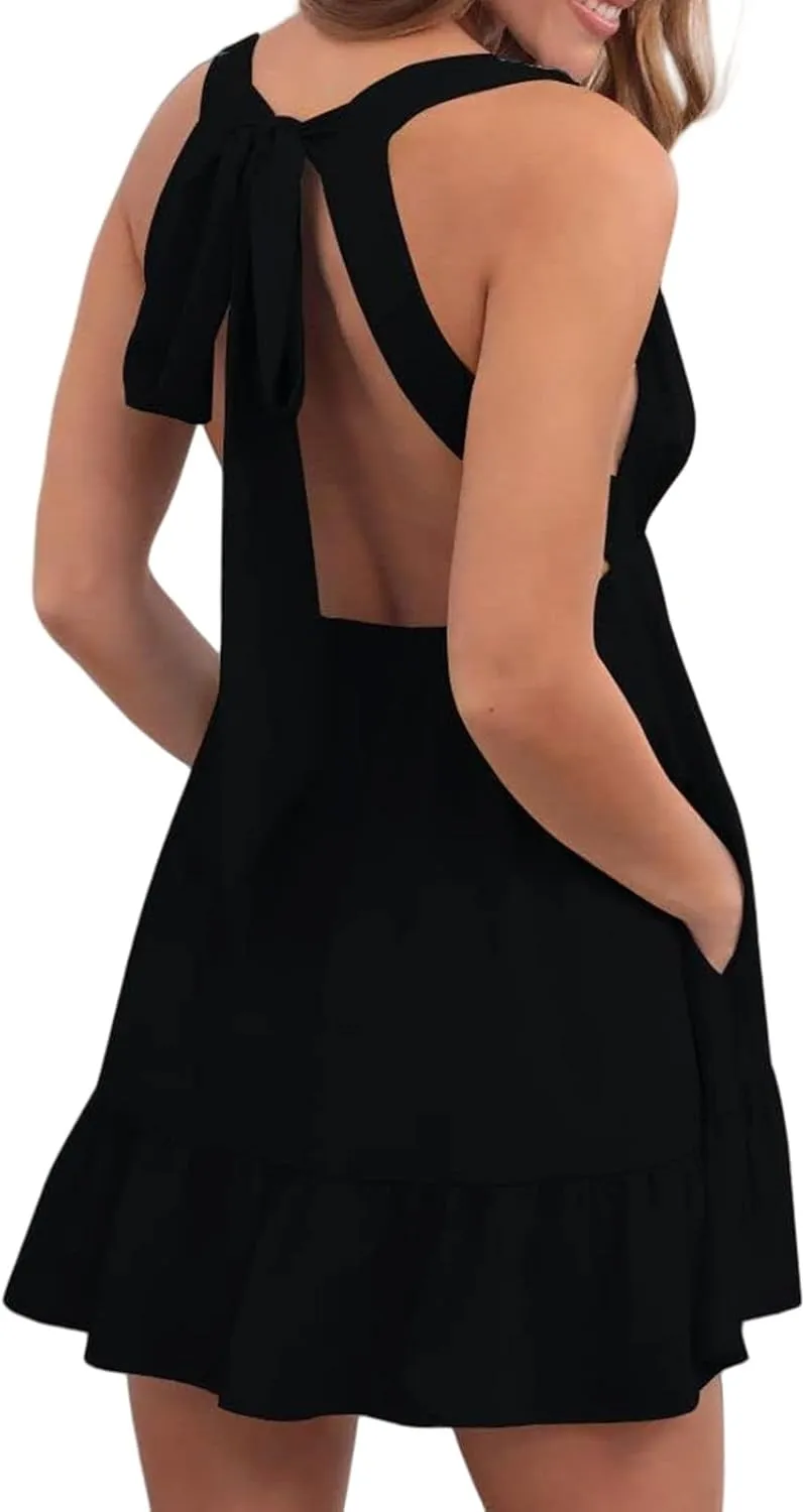 Womens Casual Mini Dresses Deep V-Neck Sleeveless Backless Strap Dress Summer Ruffle Loose Aline Sundress with Pocket