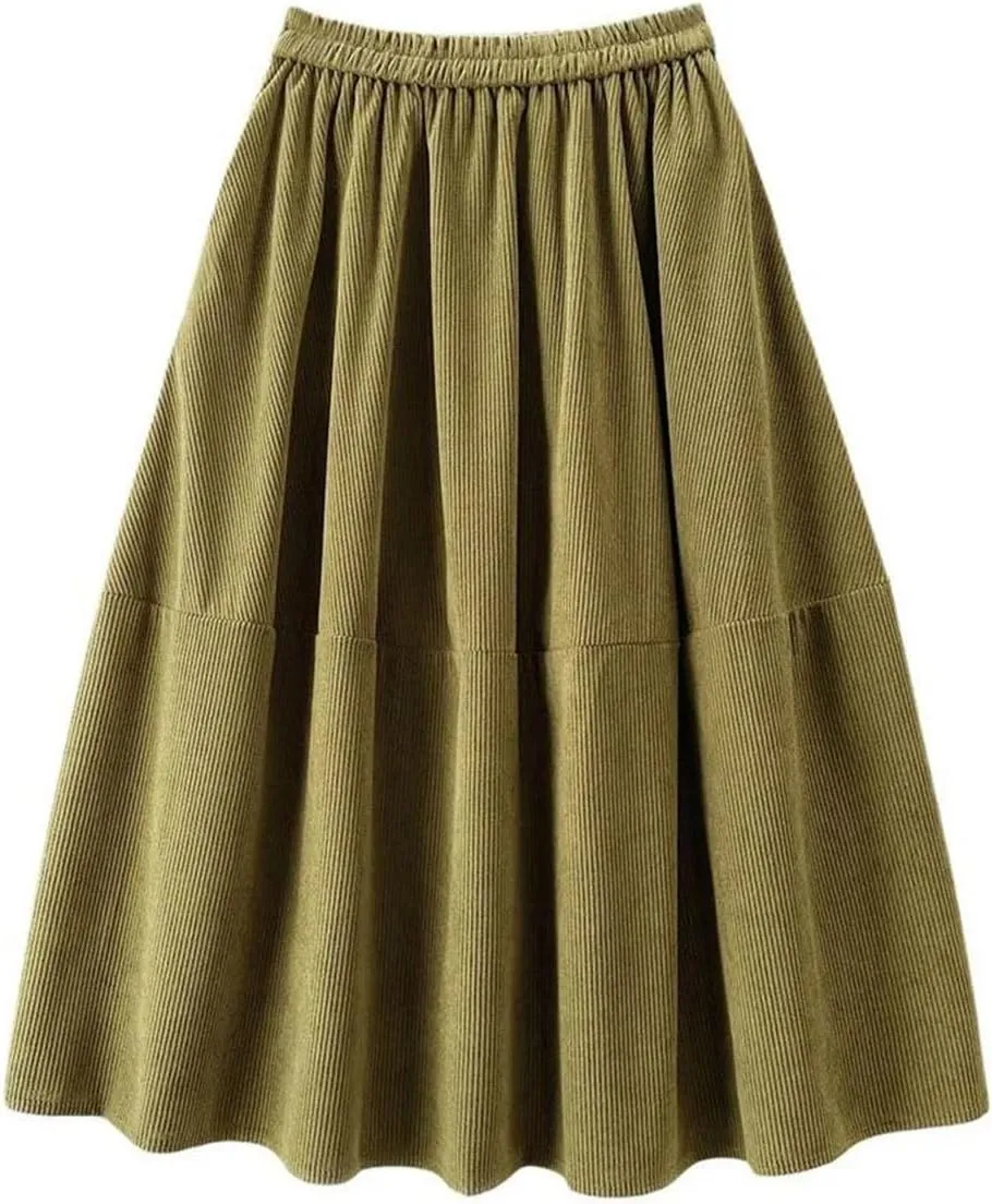 Women's Corduroy Midi Long Skirt with Pockets High Waist Pleated Swing Skirts Autumn Winter Skirts