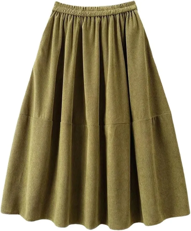 Women's Corduroy Midi Long Skirt with Pockets High Waist Pleated Swing Skirts Autumn Winter Skirts