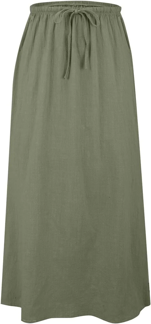 Womens Cotton Linen Maxi Skirt Trendy Boho Spring Summmer A Line Skirts Drawstring Waist Long Flowy Skirts