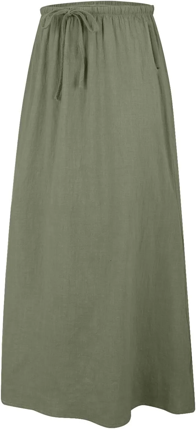 Womens Cotton Linen Maxi Skirt Trendy Boho Spring Summmer A Line Skirts Drawstring Waist Long Flowy Skirts