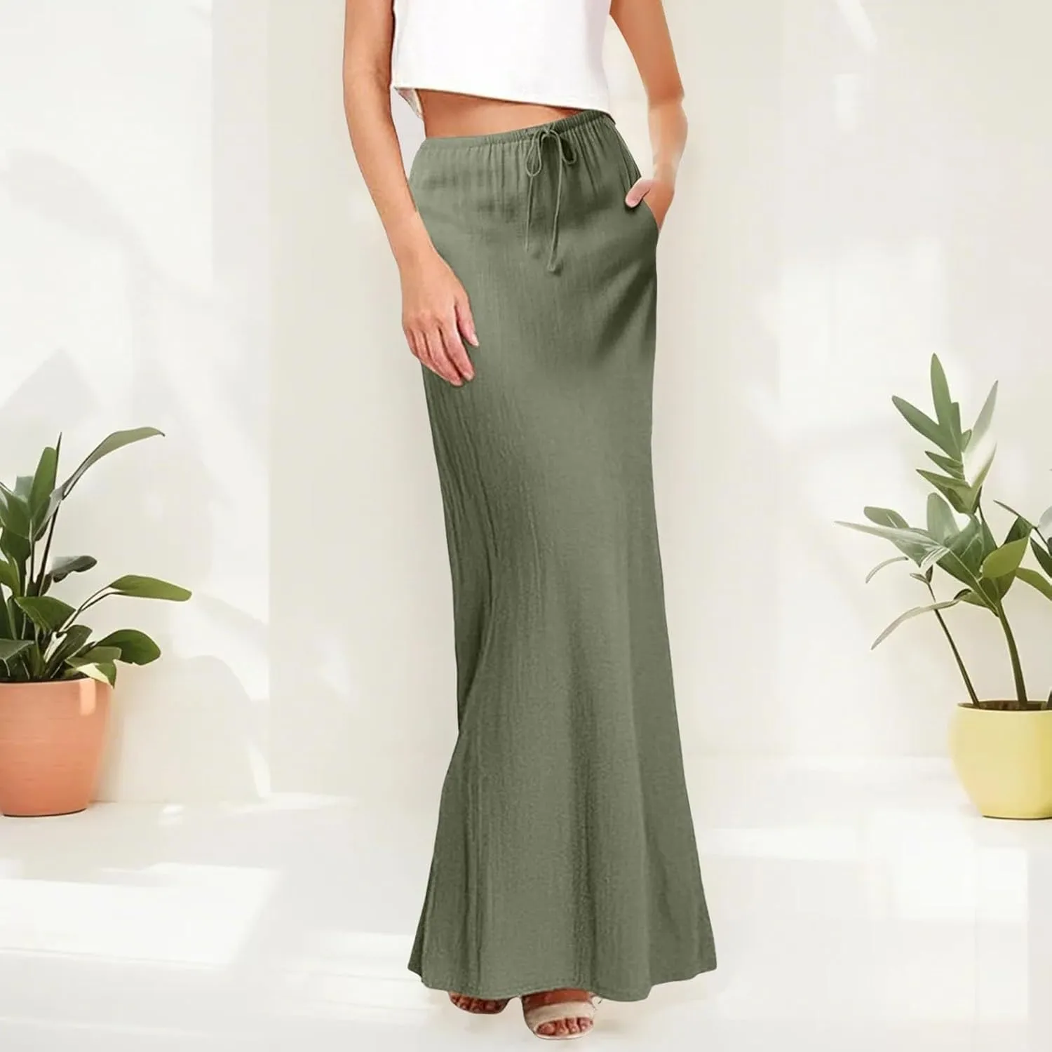 Womens Cotton Linen Maxi Skirt Trendy Boho Spring Summmer A Line Skirts Drawstring Waist Long Flowy Skirts