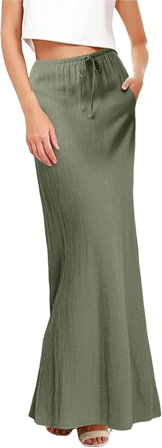 Womens Cotton Linen Maxi Skirt Trendy Boho Spring Summmer A Line Skirts Drawstring Waist Long Flowy Skirts