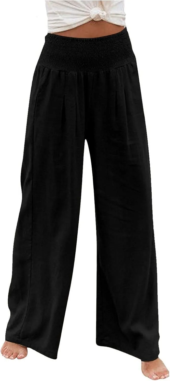 Women's Cotton Linen Pants,Summer Wide Leg Casual Loose Drawstring High Waist Palazzo Trousers