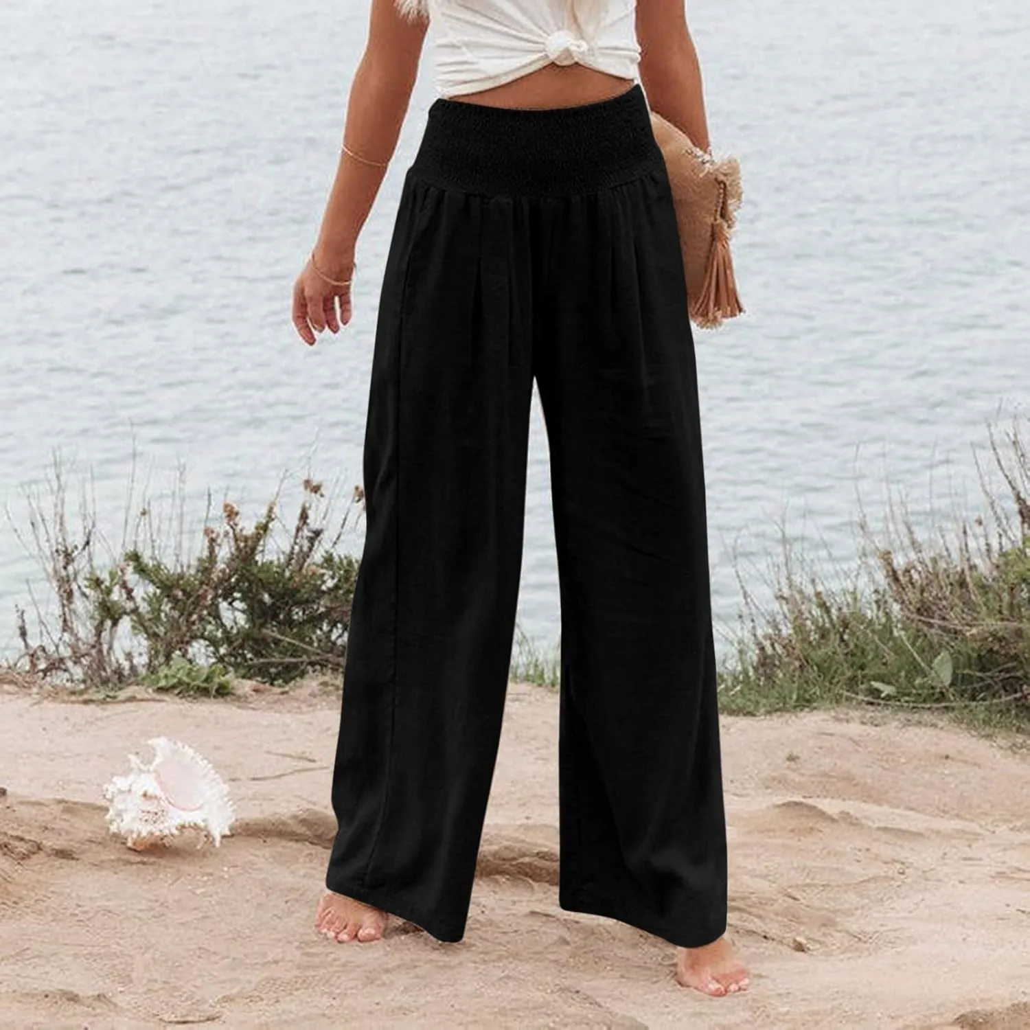 Women's Cotton Linen Pants,Summer Wide Leg Casual Loose Drawstring High Waist Palazzo Trousers