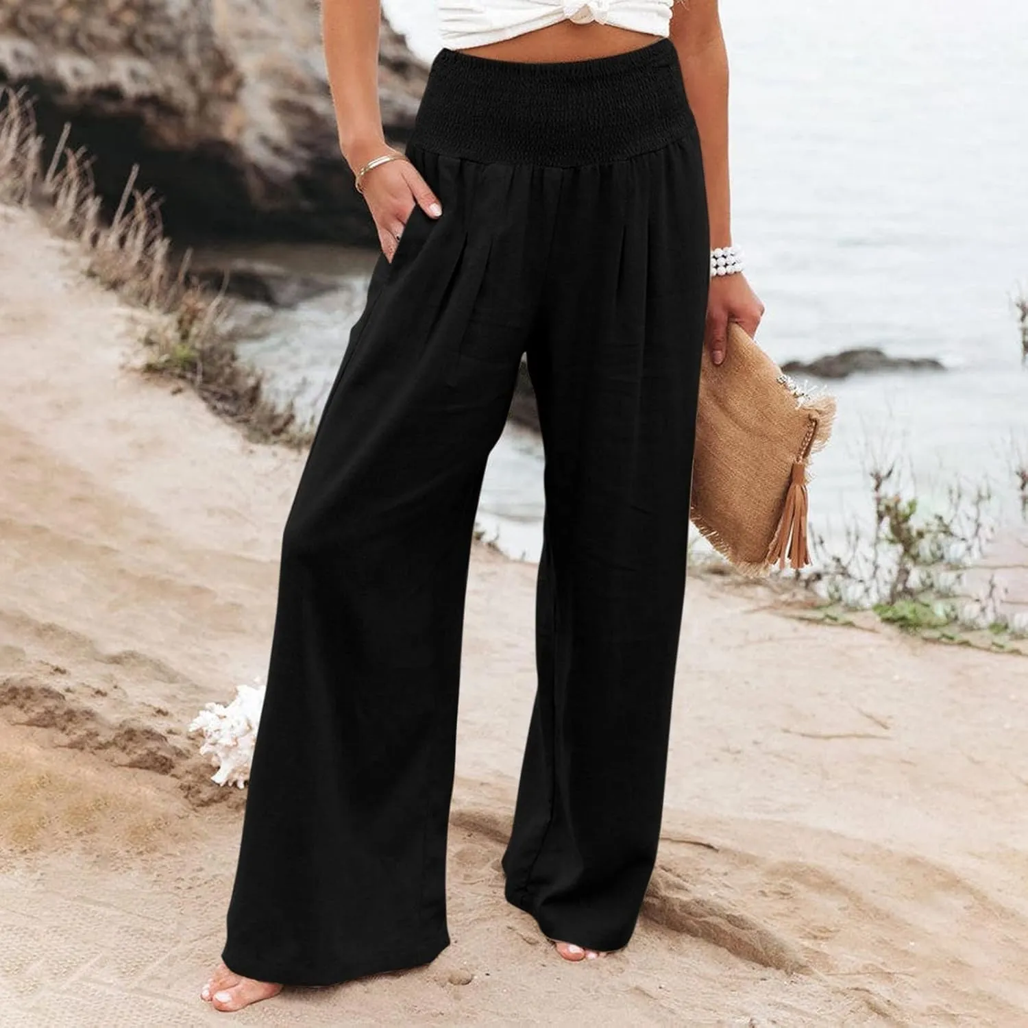 Women's Cotton Linen Pants,Summer Wide Leg Casual Loose Drawstring High Waist Palazzo Trousers