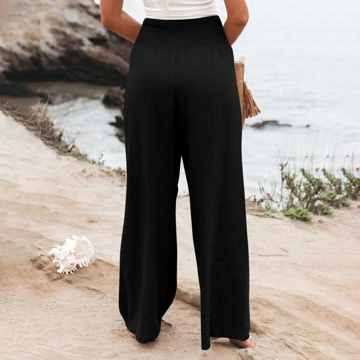 Women's Cotton Linen Pants,Summer Wide Leg Casual Loose Drawstring High Waist Palazzo Trousers
