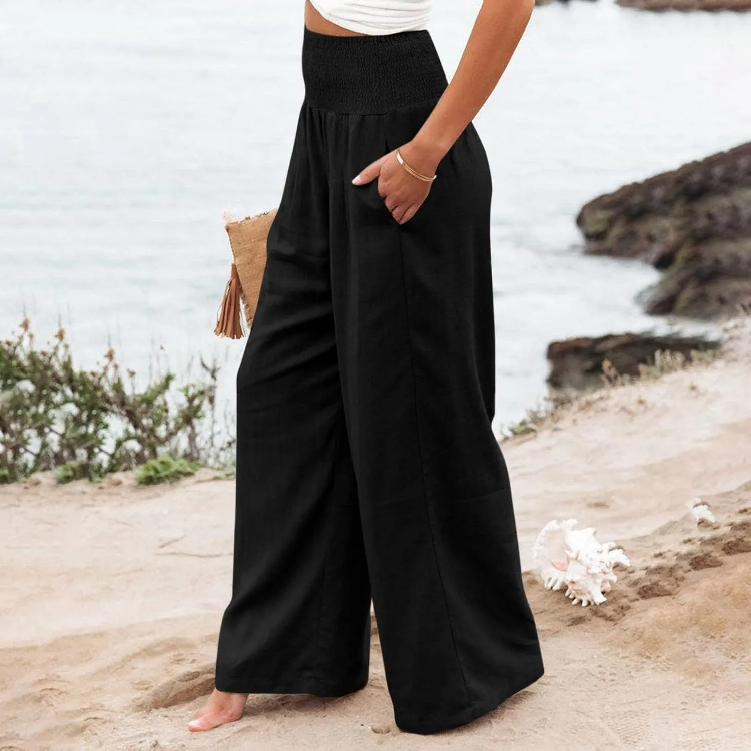 Women's Cotton Linen Pants,Summer Wide Leg Casual Loose Drawstring High Waist Palazzo Trousers