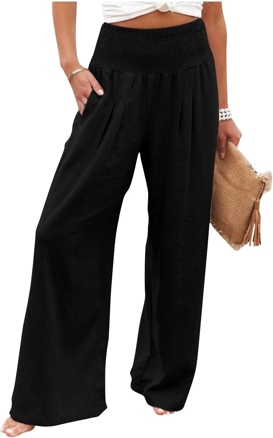Women's Cotton Linen Pants,Summer Wide Leg Casual Loose Drawstring High Waist Palazzo Trousers