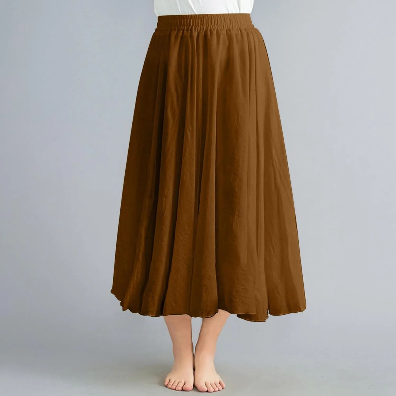 Womens Cotton Linen Skirts Summer Casual Loose Fit Plain Elastic High Waist Swing Flowy A Line Pleated Midi Skirt