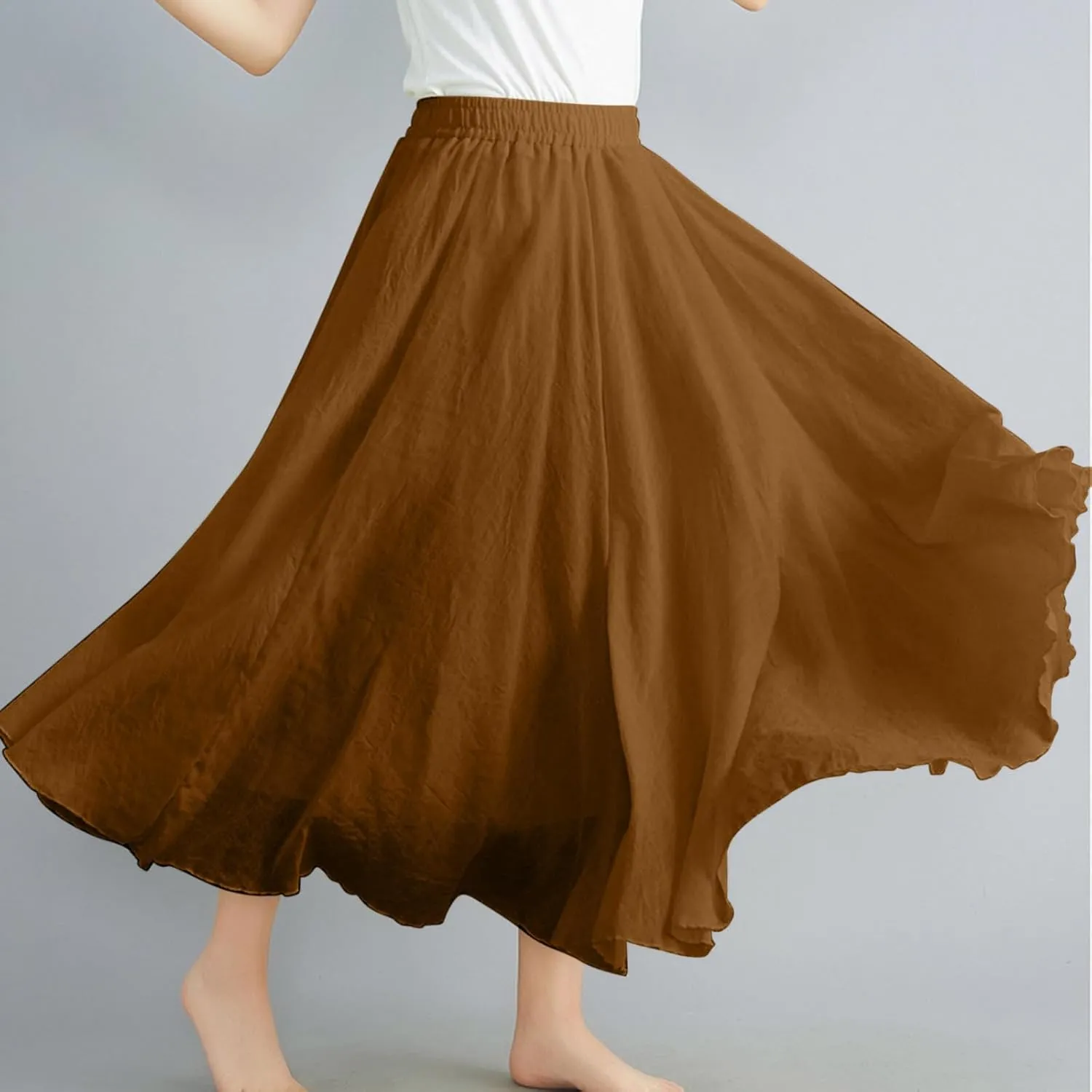 Womens Cotton Linen Skirts Summer Casual Loose Fit Plain Elastic High Waist Swing Flowy A Line Pleated Midi Skirt