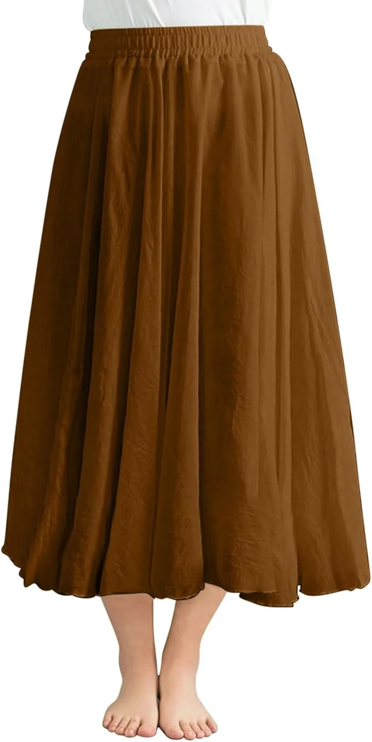 Womens Cotton Linen Skirts Summer Casual Loose Fit Plain Elastic High Waist Swing Flowy A Line Pleated Midi Skirt
