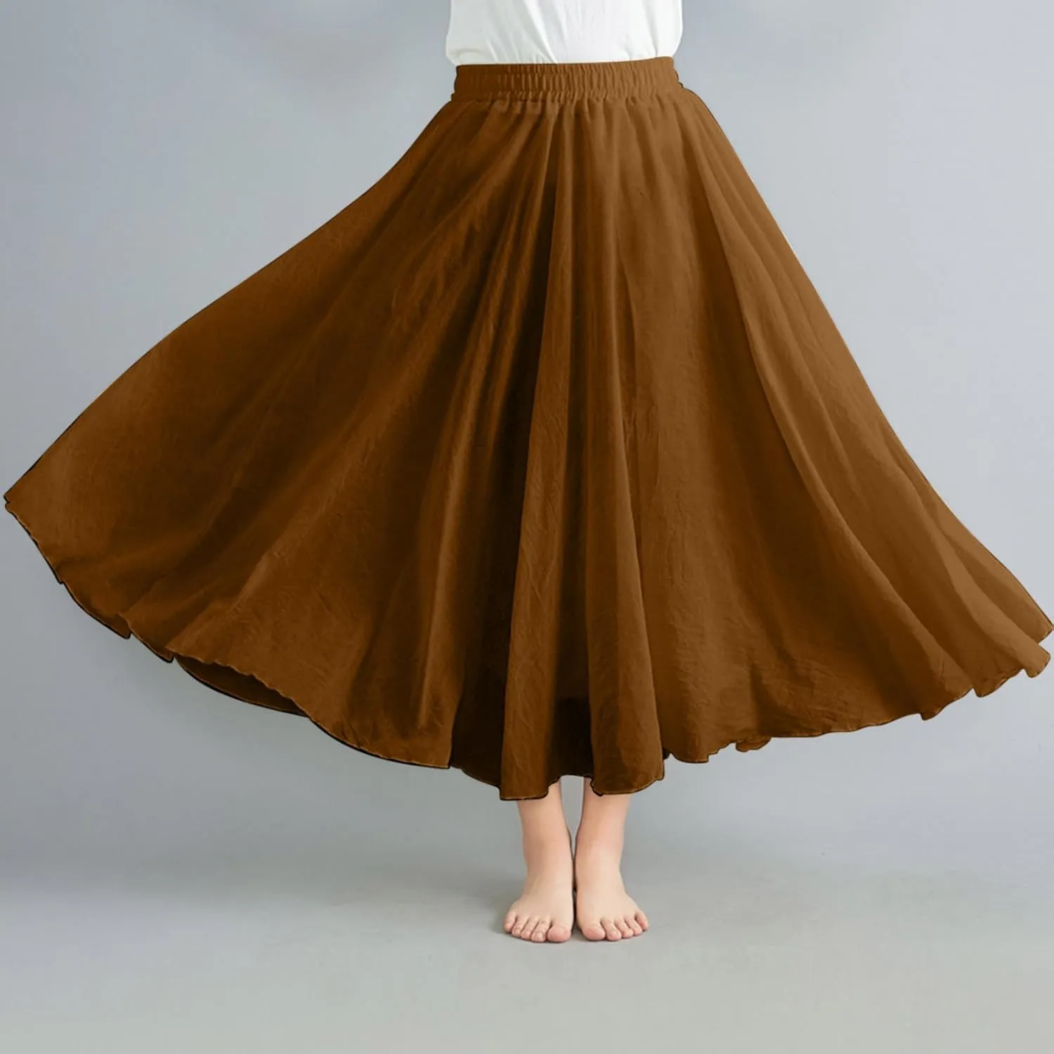 Womens Cotton Linen Skirts Summer Casual Loose Fit Plain Elastic High Waist Swing Flowy A Line Pleated Midi Skirt