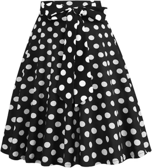 Womens Cute Polka Dot Skirts Elegant Bow Tie Lace-Up Summer Lightweight Comfy A-Line Pleated Midi Skirts