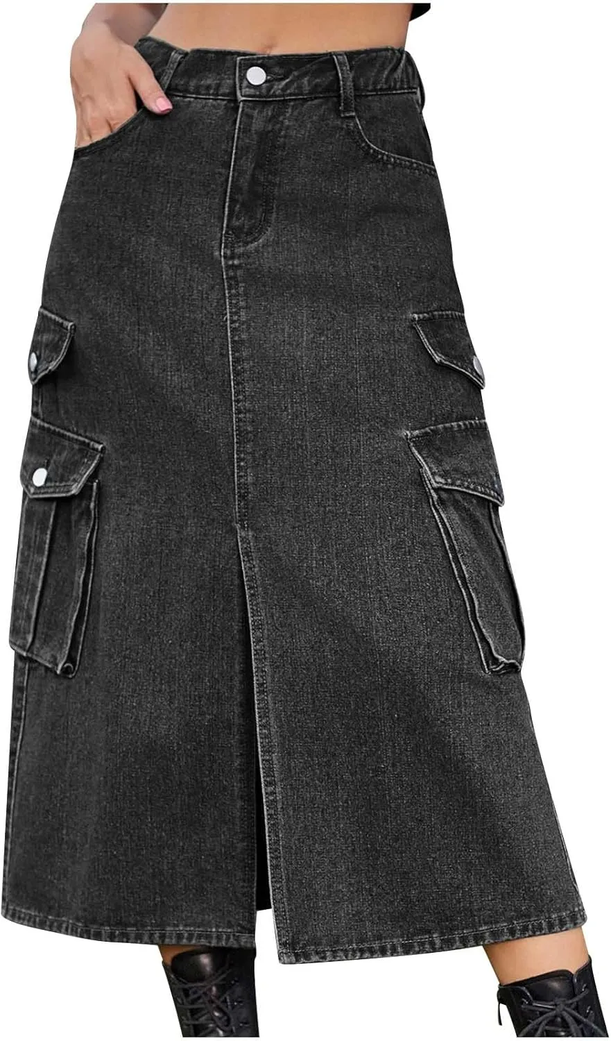 Womens Denim Midi Skirts Split Front Streetwear Teen Girls Summer Elastic Waisted Long Cargo Jean Skirt with 6 Pockets
