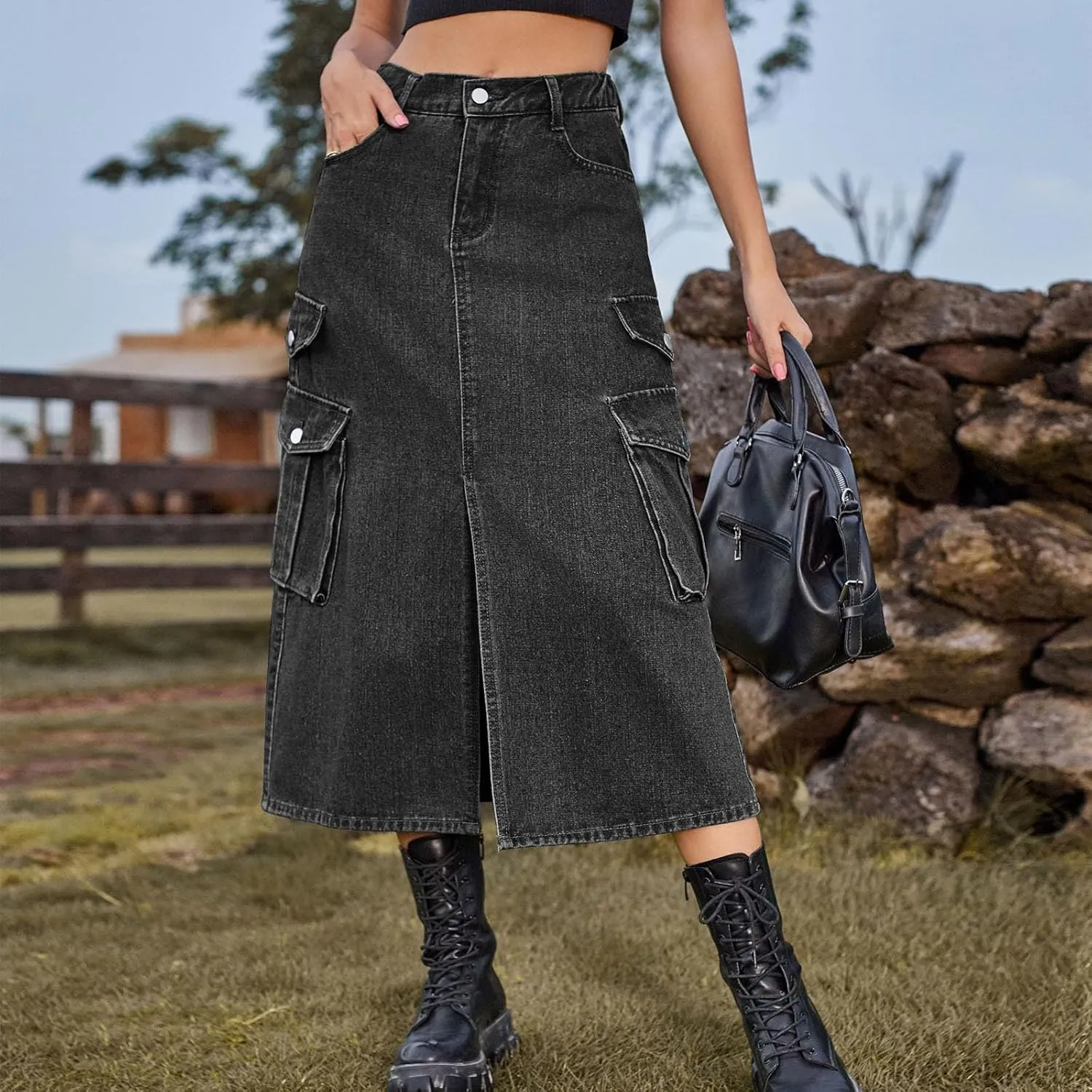 Womens Denim Midi Skirts Split Front Streetwear Teen Girls Summer Elastic Waisted Long Cargo Jean Skirt with 6 Pockets