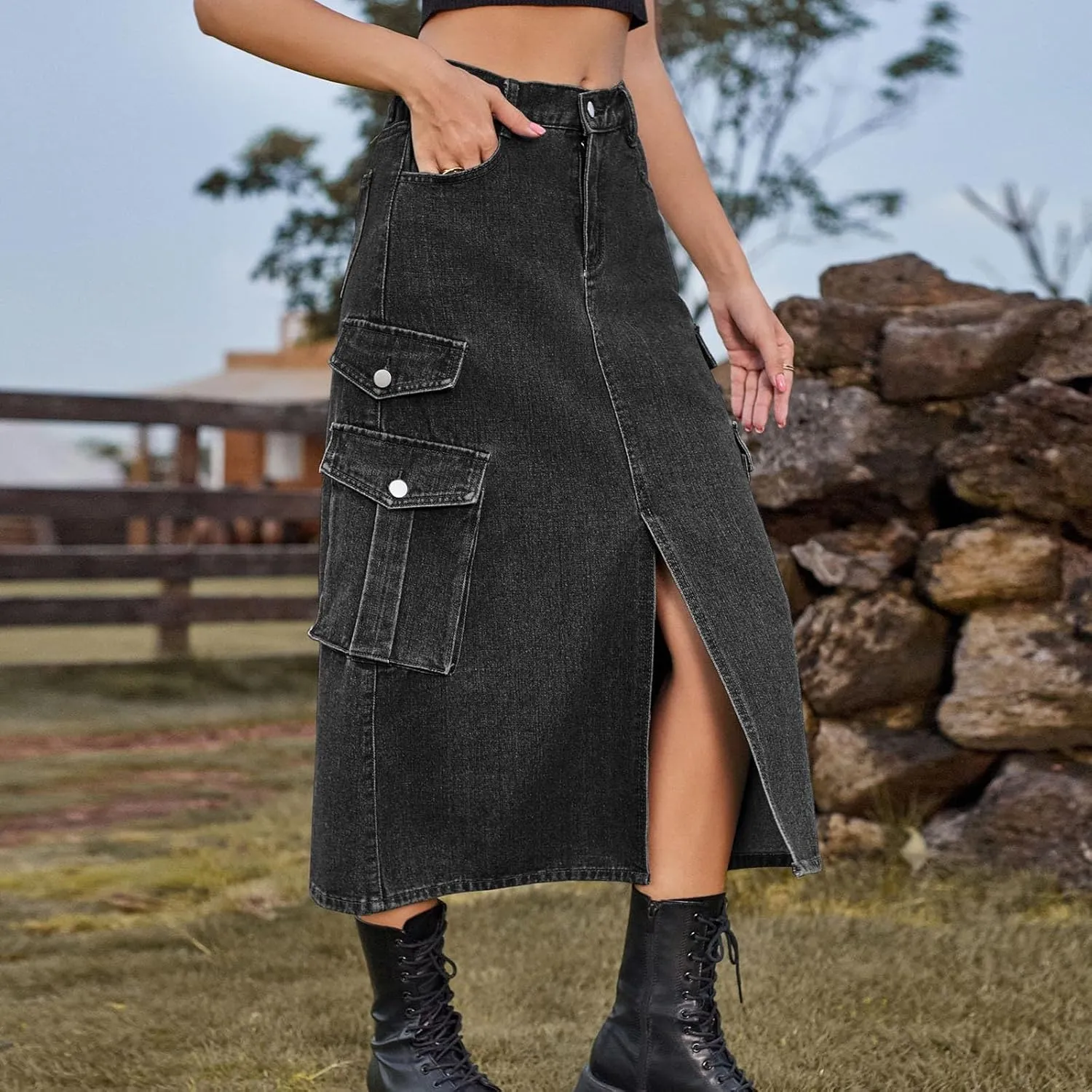 Womens Denim Midi Skirts Split Front Streetwear Teen Girls Summer Elastic Waisted Long Cargo Jean Skirt with 6 Pockets
