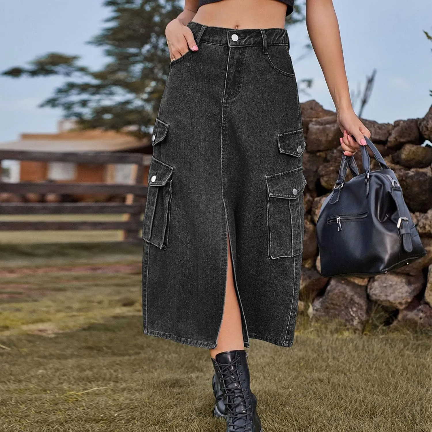 Womens Denim Midi Skirts Split Front Streetwear Teen Girls Summer Elastic Waisted Long Cargo Jean Skirt with 6 Pockets