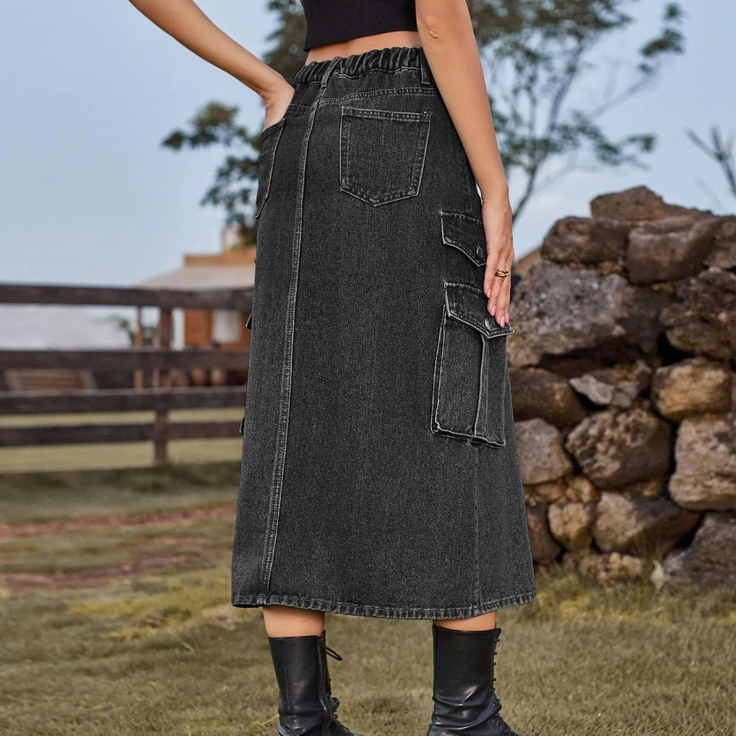 Womens Denim Midi Skirts Split Front Streetwear Teen Girls Summer Elastic Waisted Long Cargo Jean Skirt with 6 Pockets