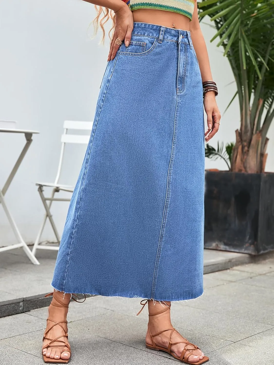 Women's Denim Skirt High Waisted A-Line Washing Distressed Frayed Hem Long Jean Skirts