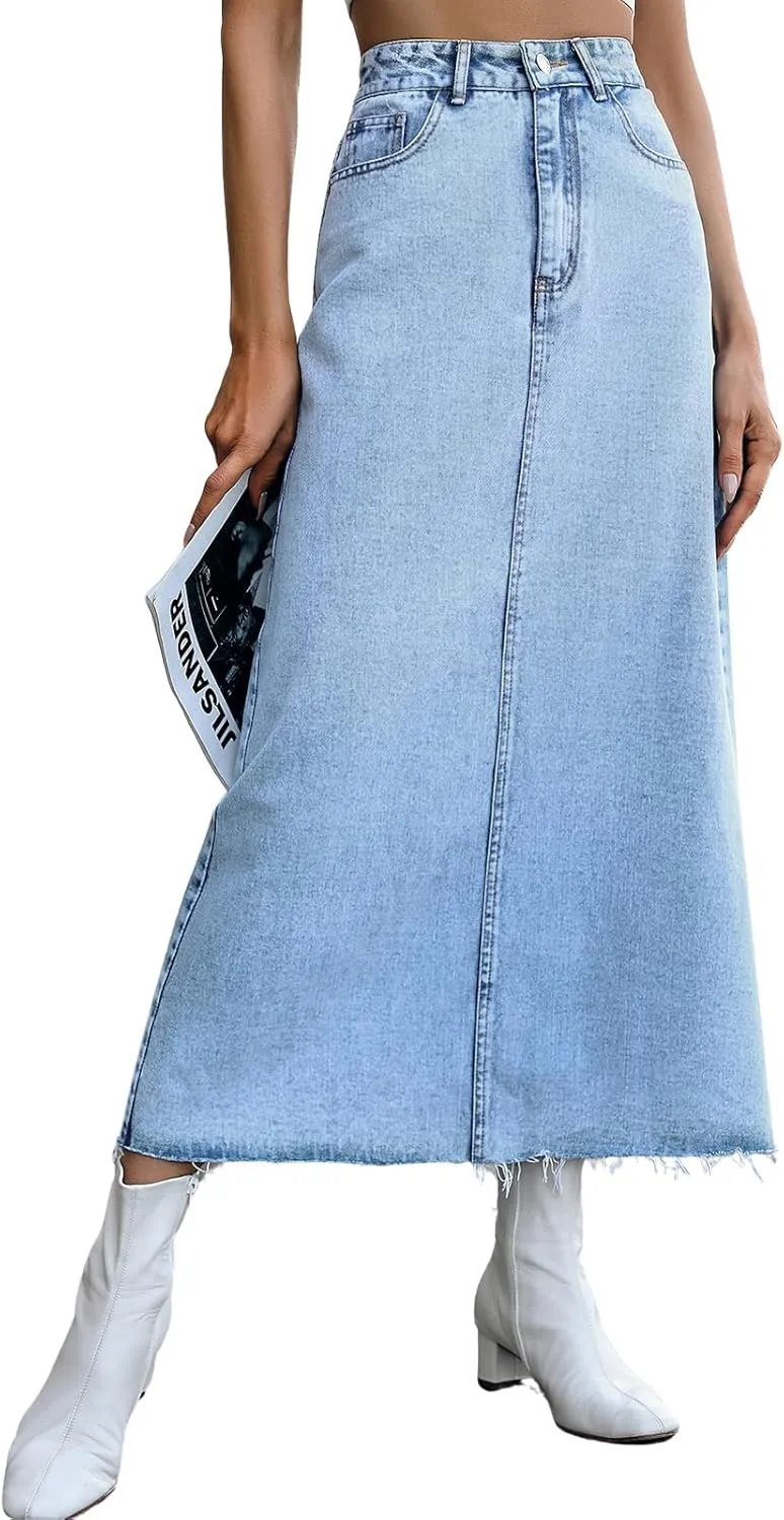 Women's Denim Skirt High Waisted A-Line Washing Distressed Frayed Hem Long Jean Skirts