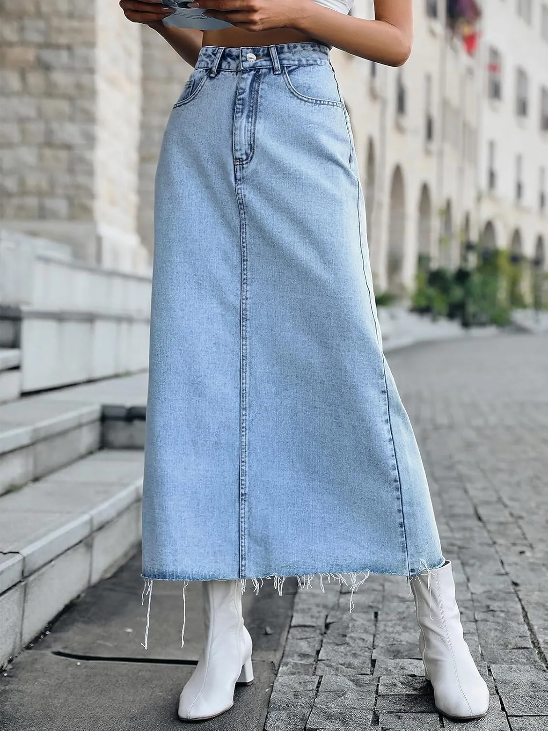 Women's Denim Skirt High Waisted A-Line Washing Distressed Frayed Hem Long Jean Skirts