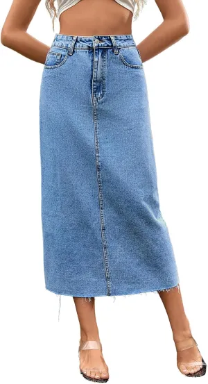 Women's Denim Skirt High Waisted A-Line Washing Distressed Frayed Hem Long Jean Skirts