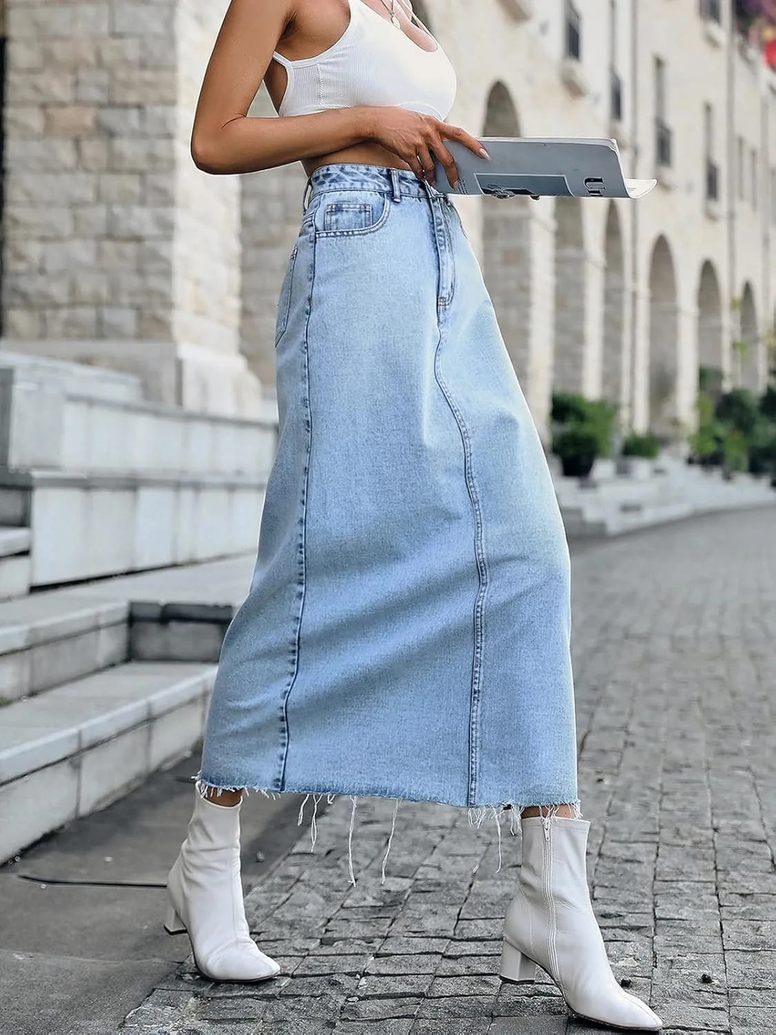 Women's Denim Skirt High Waisted A-Line Washing Distressed Frayed Hem Long Jean Skirts