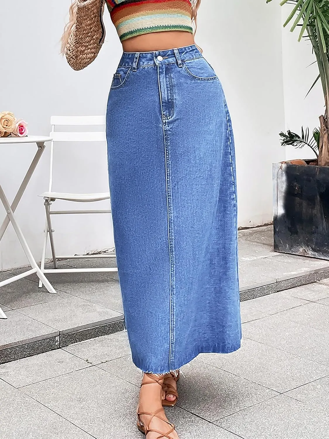 Women's Denim Skirt High Waisted A-Line Washing Distressed Frayed Hem Long Jean Skirts