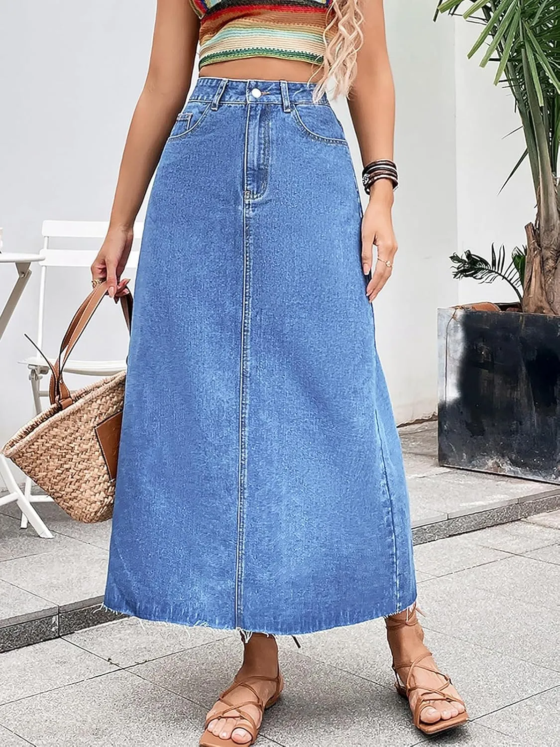 Women's Denim Skirt High Waisted A-Line Washing Distressed Frayed Hem Long Jean Skirts