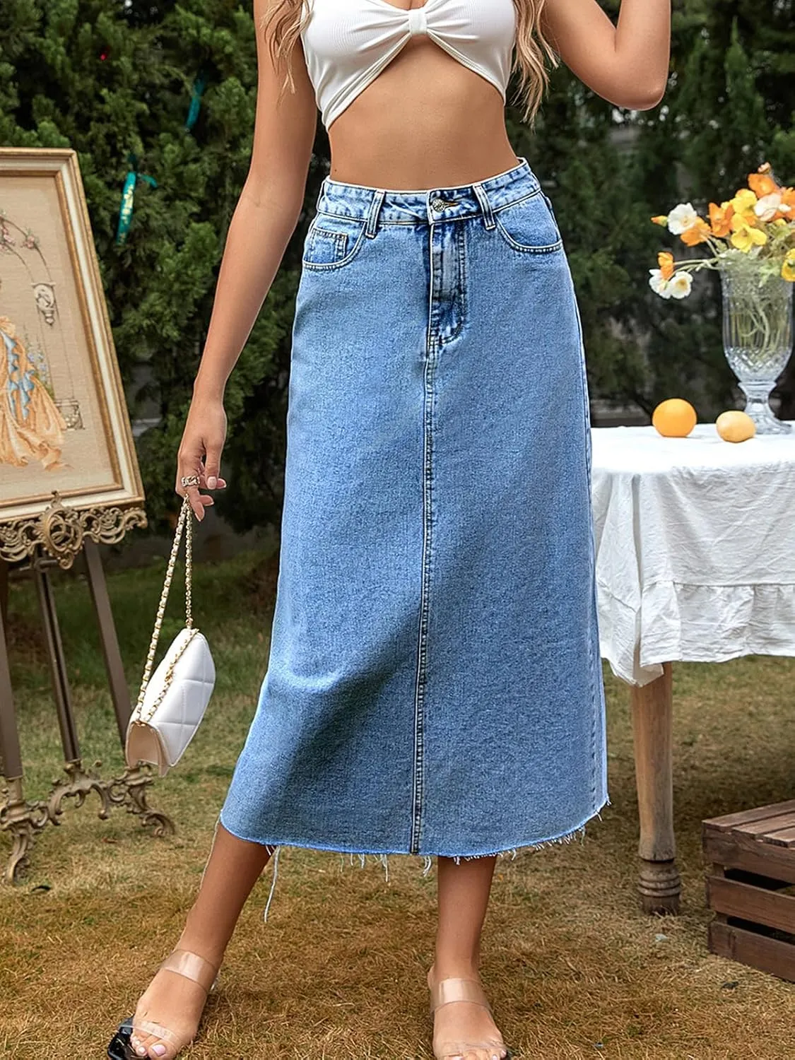 Women's Denim Skirt High Waisted A-Line Washing Distressed Frayed Hem Long Jean Skirts
