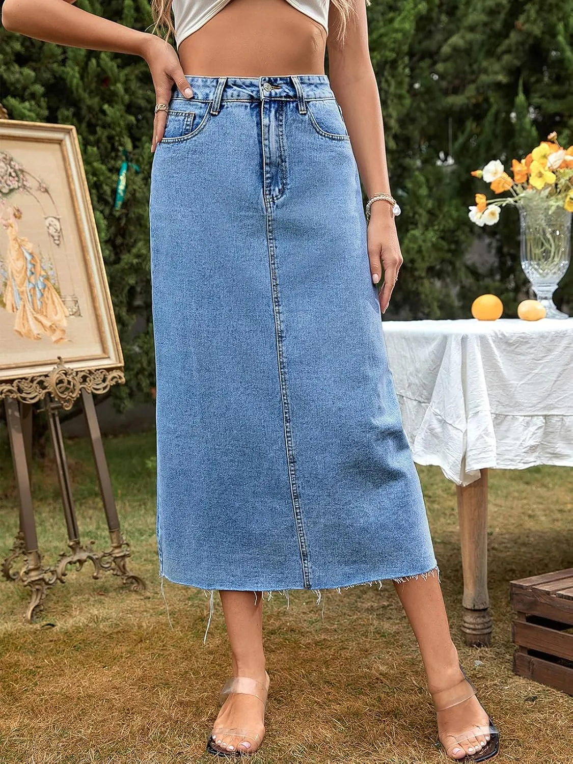 Women's Denim Skirt High Waisted A-Line Washing Distressed Frayed Hem Long Jean Skirts