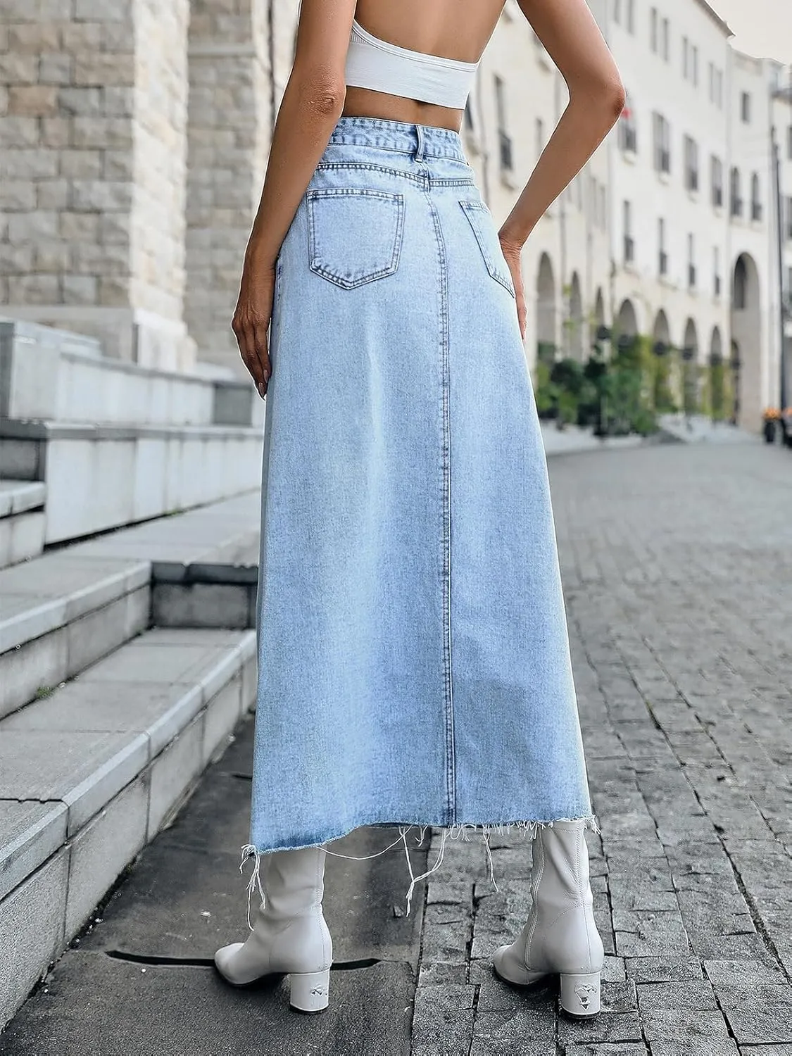 Women's Denim Skirt High Waisted A-Line Washing Distressed Frayed Hem Long Jean Skirts