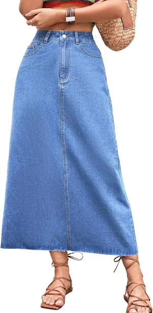 Women's Denim Skirt High Waisted A-Line Washing Distressed Frayed Hem Long Jean Skirts
