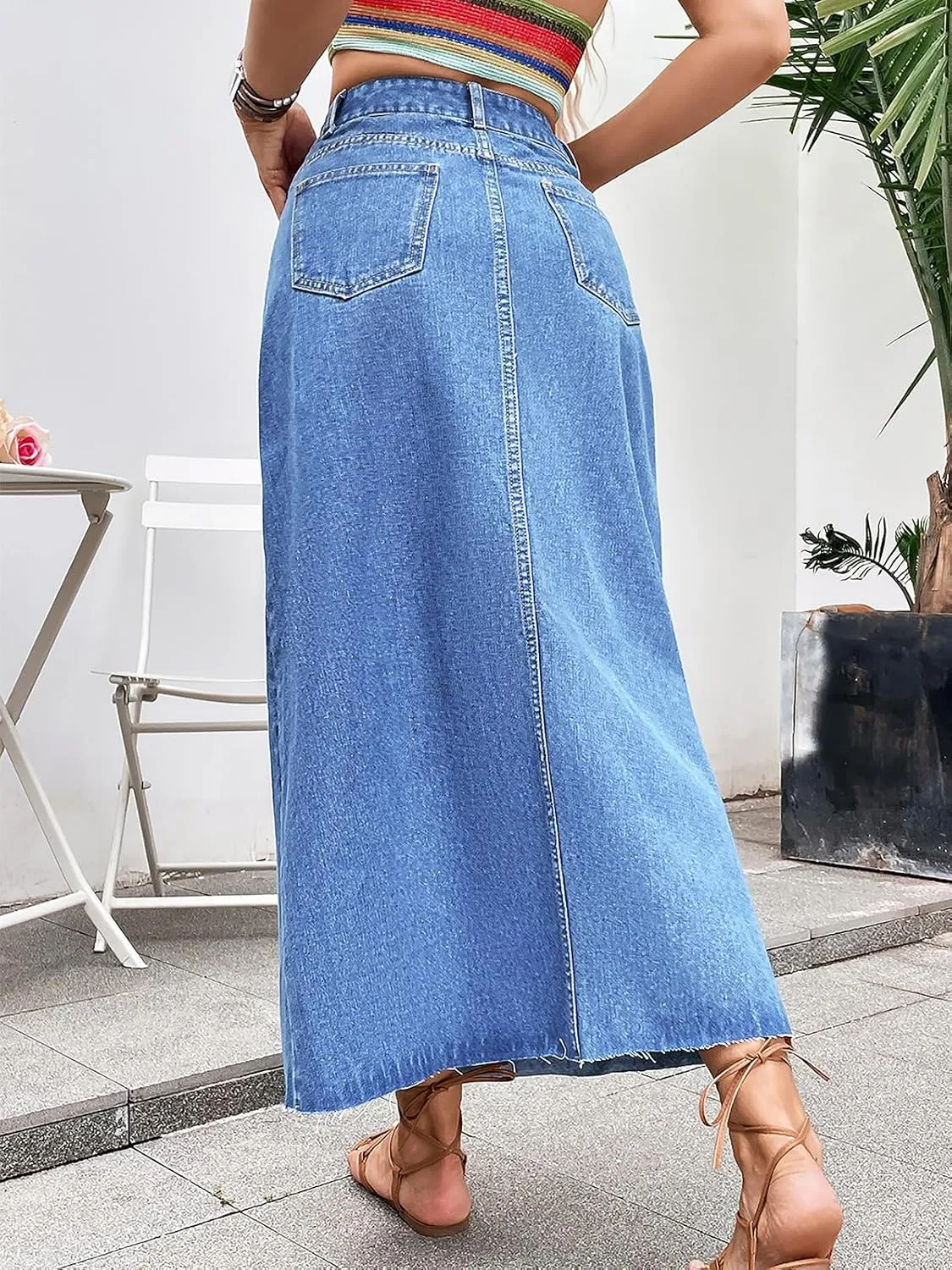 Women's Denim Skirt High Waisted A-Line Washing Distressed Frayed Hem Long Jean Skirts