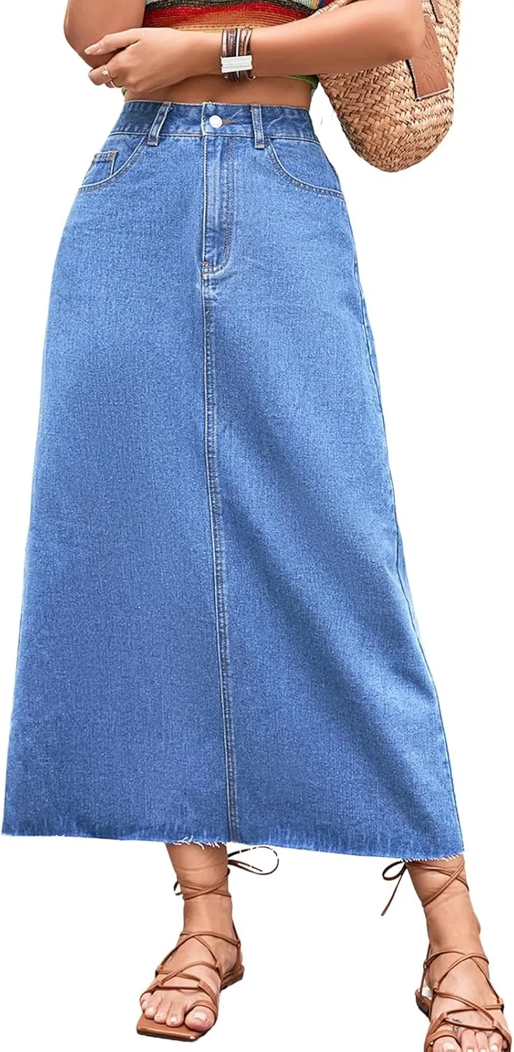 Women's Denim Skirt High Waisted A-Line Washing Distressed Frayed Hem Long Jean Skirts