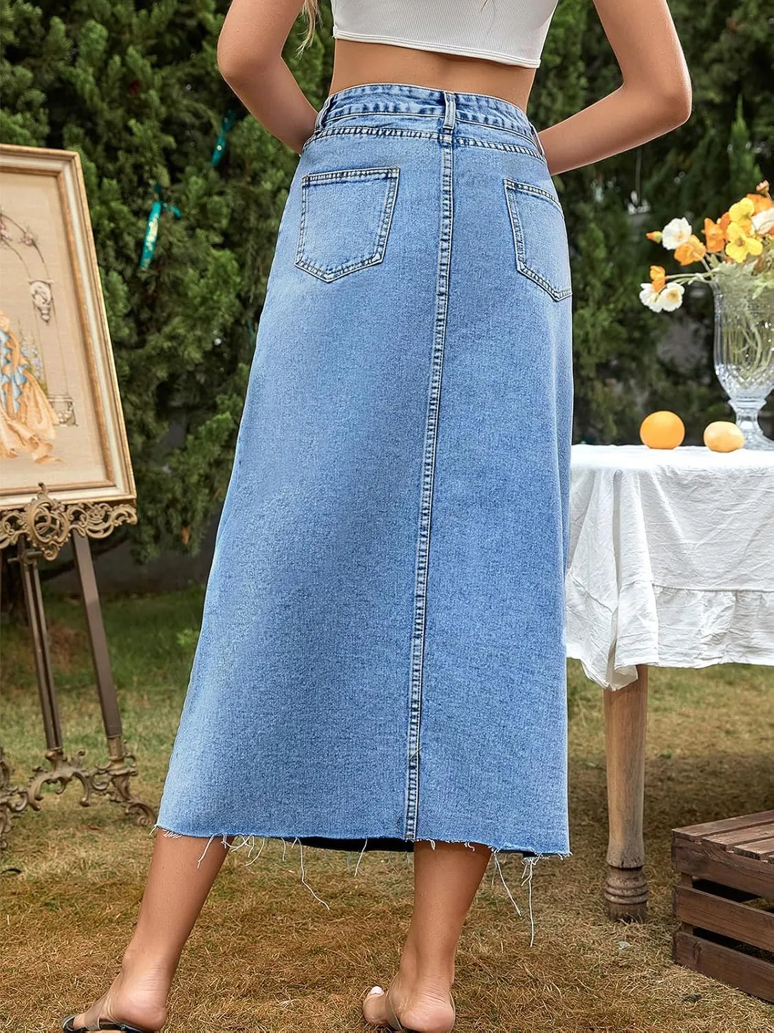 Women's Denim Skirt High Waisted A-Line Washing Distressed Frayed Hem Long Jean Skirts