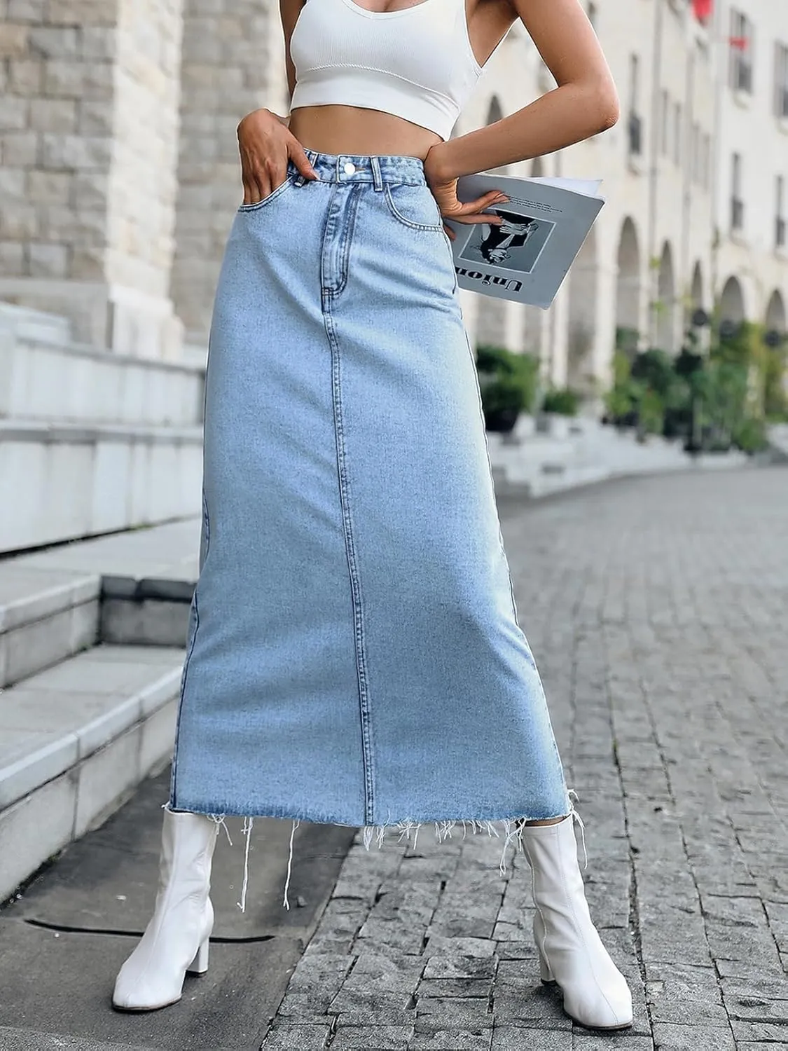 Women's Denim Skirt High Waisted A-Line Washing Distressed Frayed Hem Long Jean Skirts