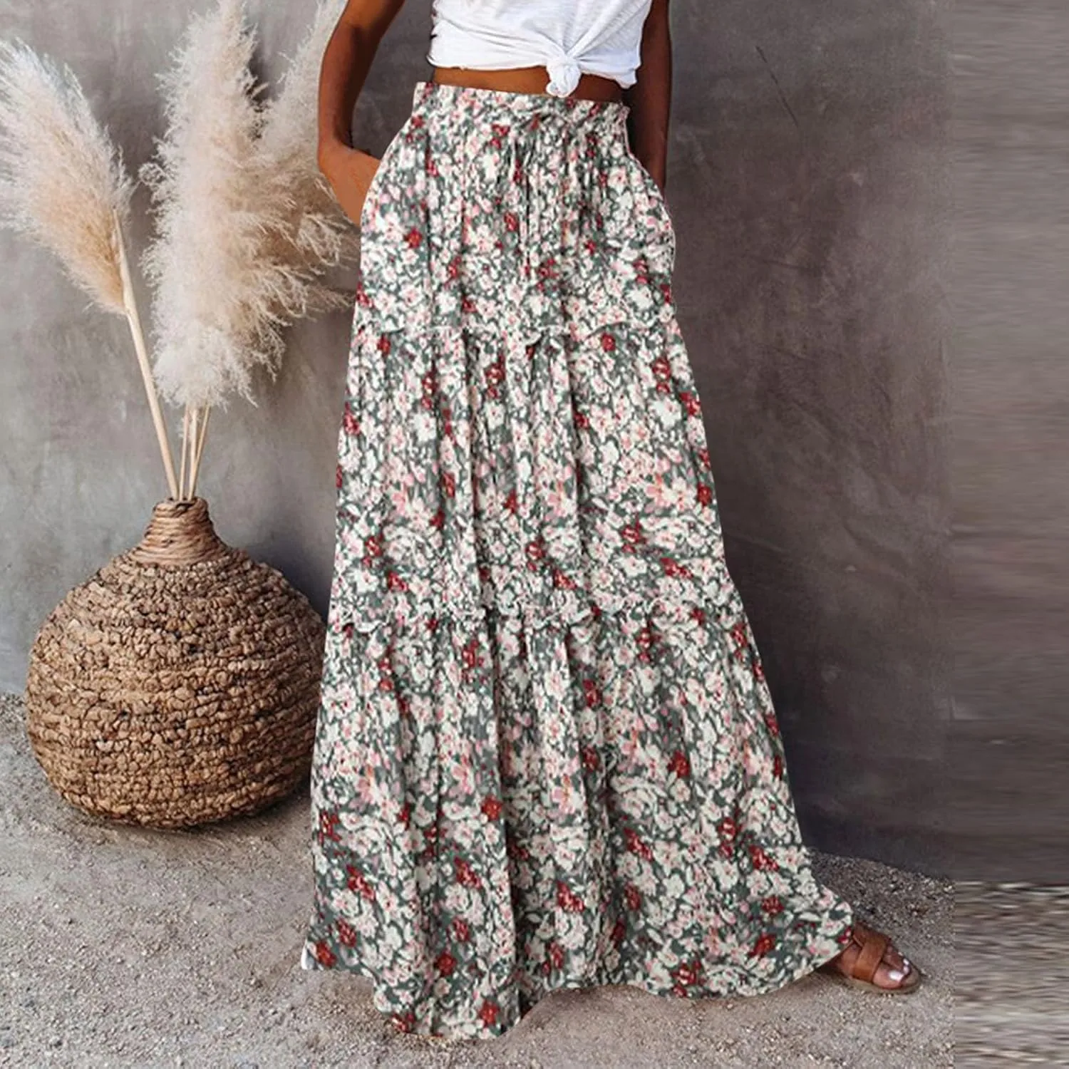 Womens Elastic High Waist Floral Print Boho Maxi Skirt Tiered Pleated Flowy Long Summer Beach Casual Skirt