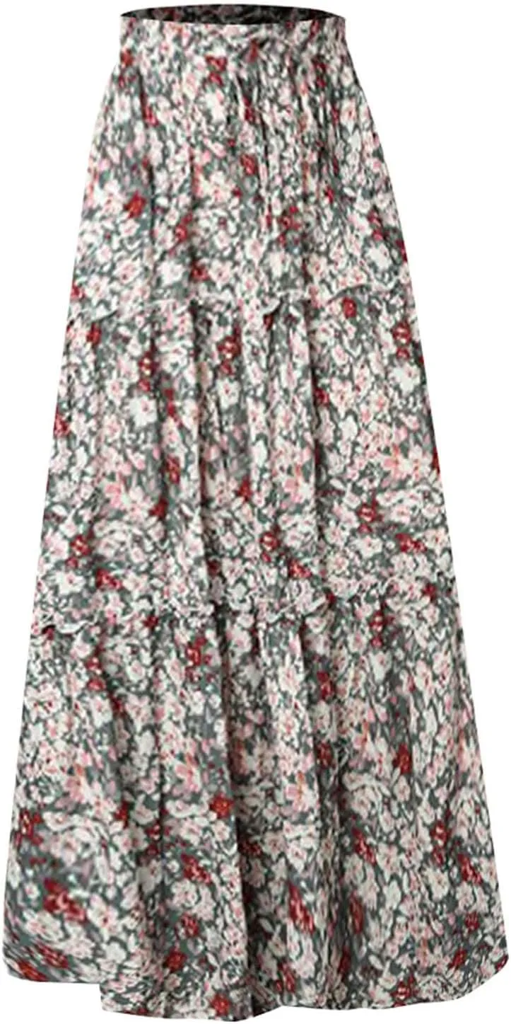 Womens Elastic High Waist Floral Print Boho Maxi Skirt Tiered Pleated Flowy Long Summer Beach Casual Skirt