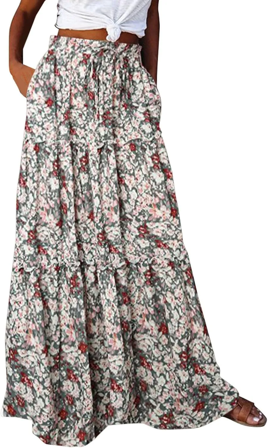 Womens Elastic High Waist Floral Print Boho Maxi Skirt Tiered Pleated Flowy Long Summer Beach Casual Skirt