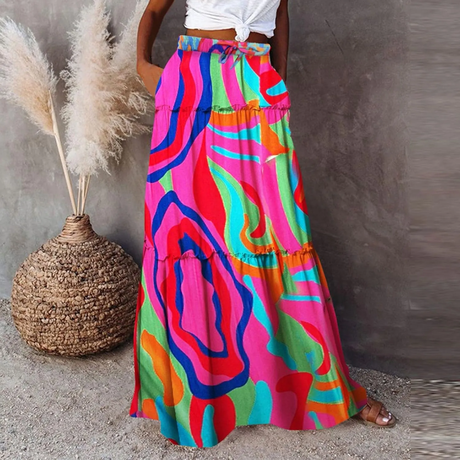 Womens Elastic High Waist Floral Print Boho Maxi Skirt Tiered Pleated Flowy Long Summer Beach Casual Skirt