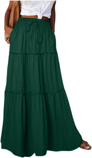 Women's Elastic High Waist Pleated Flared Classic Vacation A-Line Floor Length Skirts, S-2XL