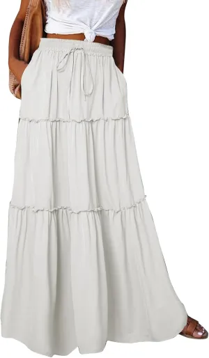 Women's Elastic High Waist Pleated Flared Classic Vacation A-Line Floor Length Skirts, S-2XL