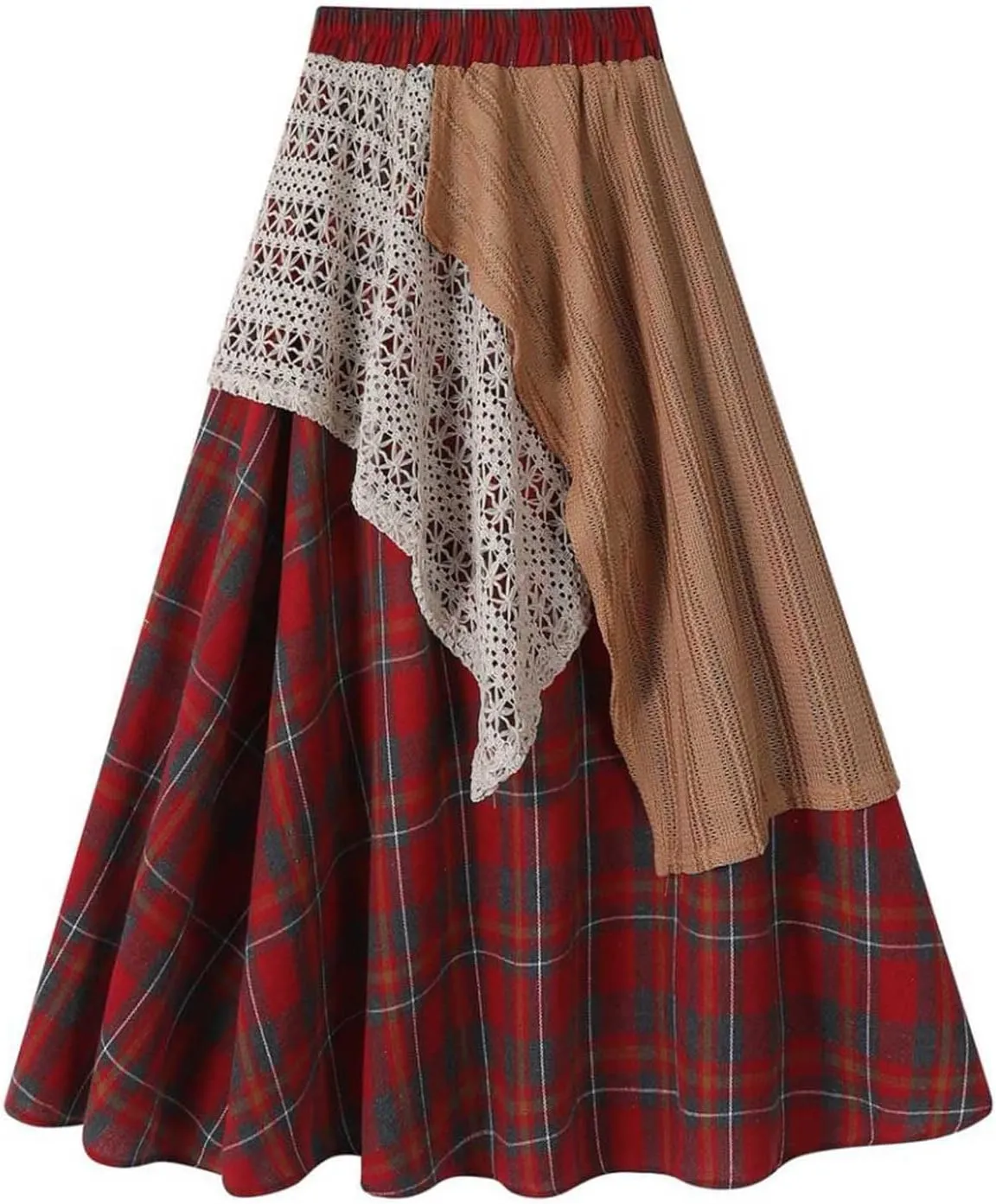 Women's Fashion High Elastic Waist Plaid Maxi Skirt, Vintage Y2K A-Line Asymmetrical Skirts Comfy Loose Swing Skirts