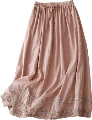 Womens Floral Embroidery Skirt Cotton Linen Skirt Fashion Versatile Casual Retro Flowing Drawstring Waist Maxi Skirt