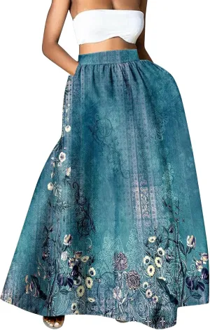 Womens Floral Print Boho Maxi Skirt Elastic High Waisted Tiered Ruffle Flowy Long Summer Beach Skirt with Pockets