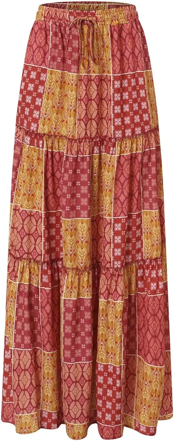 Womens Floral Print Boho Maxi Skirt Elastic High Waisted Tiered Ruffle Flowy Long Summer Beach Skirt with Pockets